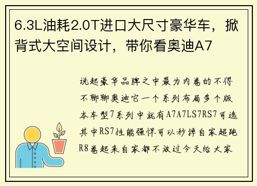 6.3L油耗2.0T进口大尺寸豪华车，掀背式大空间设计，带你看奥迪A7