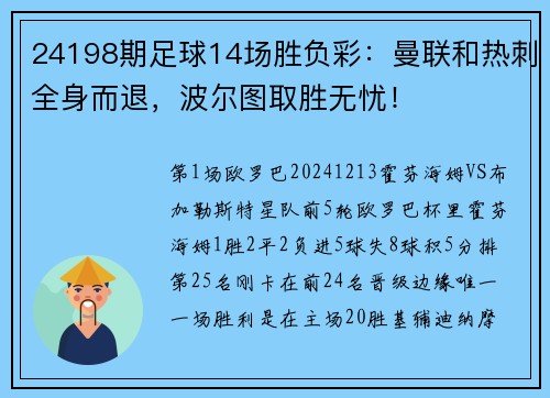 24198期足球14场胜负彩：曼联和热刺全身而退，波尔图取胜无忧！
