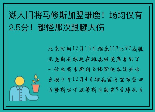 湖人旧将马修斯加盟雄鹿！场均仅有2.5分！都怪那次跟腱大伤